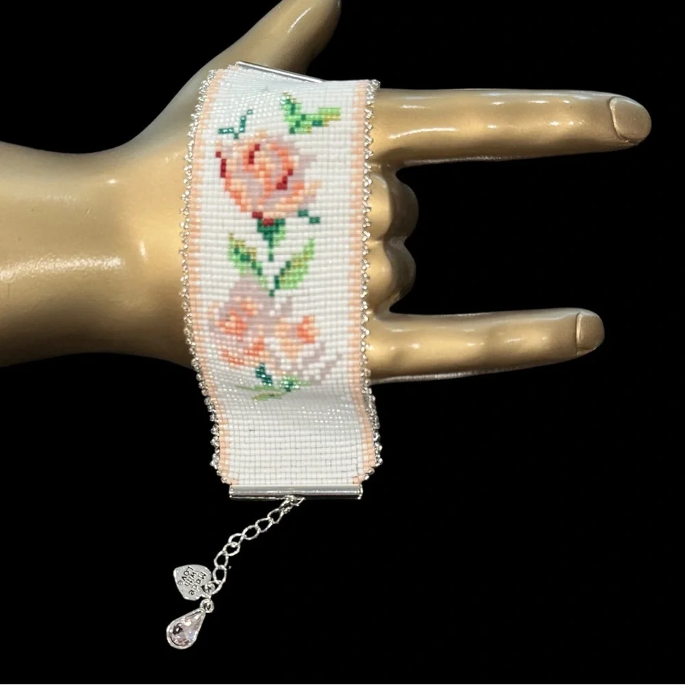COPY - Handcrafted loom cuff bracelet roses on white w/silver beaded border adj…